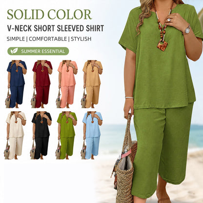 🎁Hot Sale🎁65% OFF💥Women's Solid Short Sleeve Top & Loose Wide Leg Pants 2-Piece Set