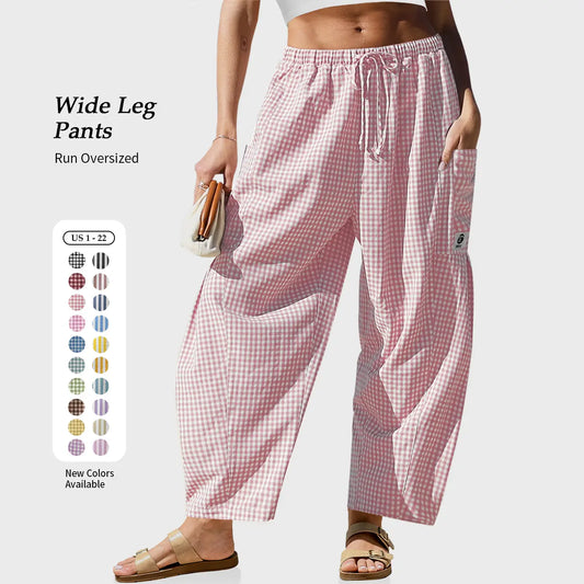 ⏰2026 Summer Hot Sale 50% OFF 🌊✨Women's Wide Leg Gingham Striped Plaid Pants🏖️Casual Barrel Loose Drawstring Pants with Pockets☀️