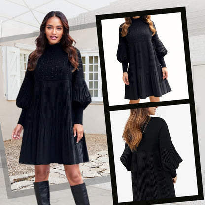 🎁Hot Sale🔥Women's Pleated Black Dress with Lantern Sleeve