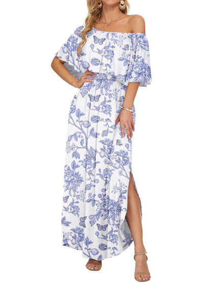 ⏰2026 Summer Hot Sale 50% OFF💃Women's Off The Shoulder Dress Wedding Guest Dress Summer Casual Long Ruffle Party Side Split Beach Maxi Dresses with Pockets