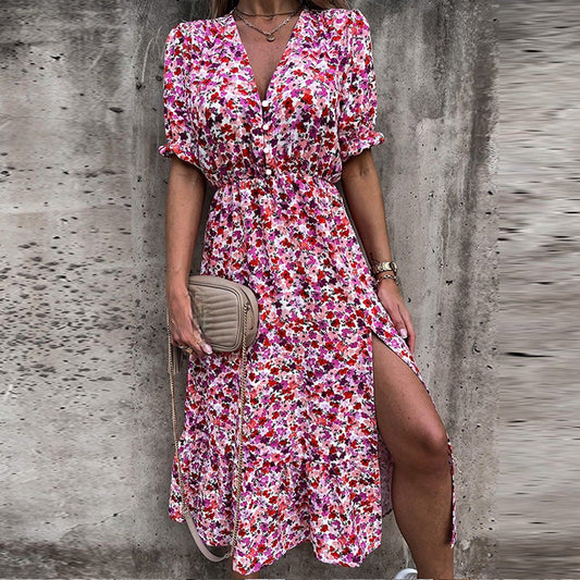 Elegant V-Neck Floral High Waist Split Dress