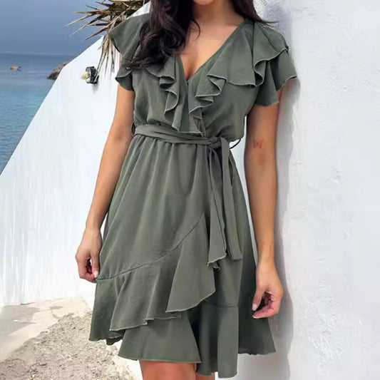 🩷Summer Hot Sale 49% OFF☀️Women's Elegant Waist Tie V-Neck Ruffle Dress