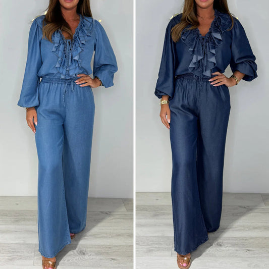 💙LAST DAY SALE 70% OFF🥰Women's Tiered Long-Sleeve Tops ＆ Wide-Leg Pants Set