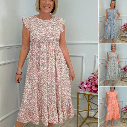 Big Sale 70%OFF⚡💃Women's Elegant Floral Print High-Waisted Ruffle Cap Sleeve Dress