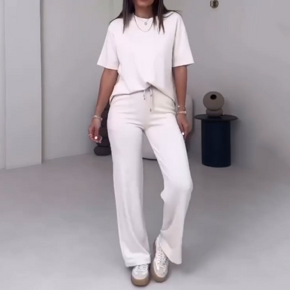 Effen Damesbovenstuk met Korte Mouwen ＆ Broek Tweedelige Set