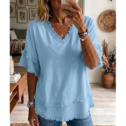 💖LAST DAY SALE ONLY￡10.99!!💖Women's Boho V-Neck T-Shirt with Frayed Edges🌿 – Loose Fit, Breathable Summer Top in Soft Cotton👚