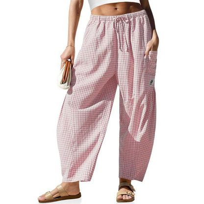 ⏰2026 Summer Hot Sale 50% OFF 🌊✨Women's Wide Leg Gingham Striped Plaid Pants🏖️Casual Barrel Loose Drawstring Pants with Pockets☀️